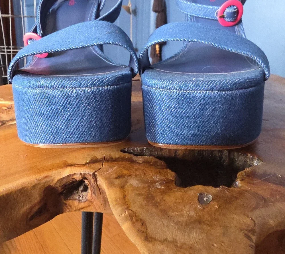 Denim Platform Block Heel Sandals - Blue